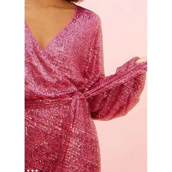 NWOT Free People  Christa Pink Sequin Wrap Romper  W/ Tie Belt - Size M - Picture 2 of 8